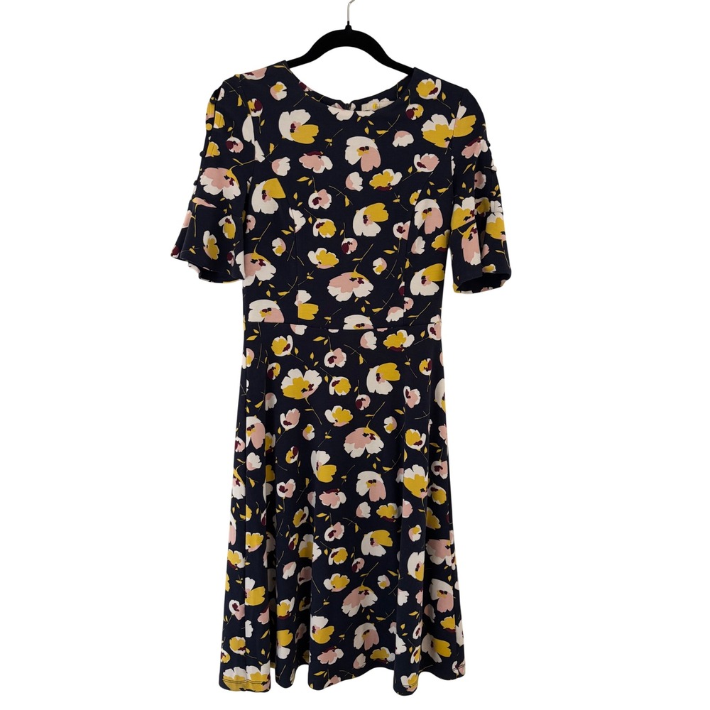 Boden Navy Blue Floral Fit and Flare Midi Dress Short Sleeve US 6R J0267